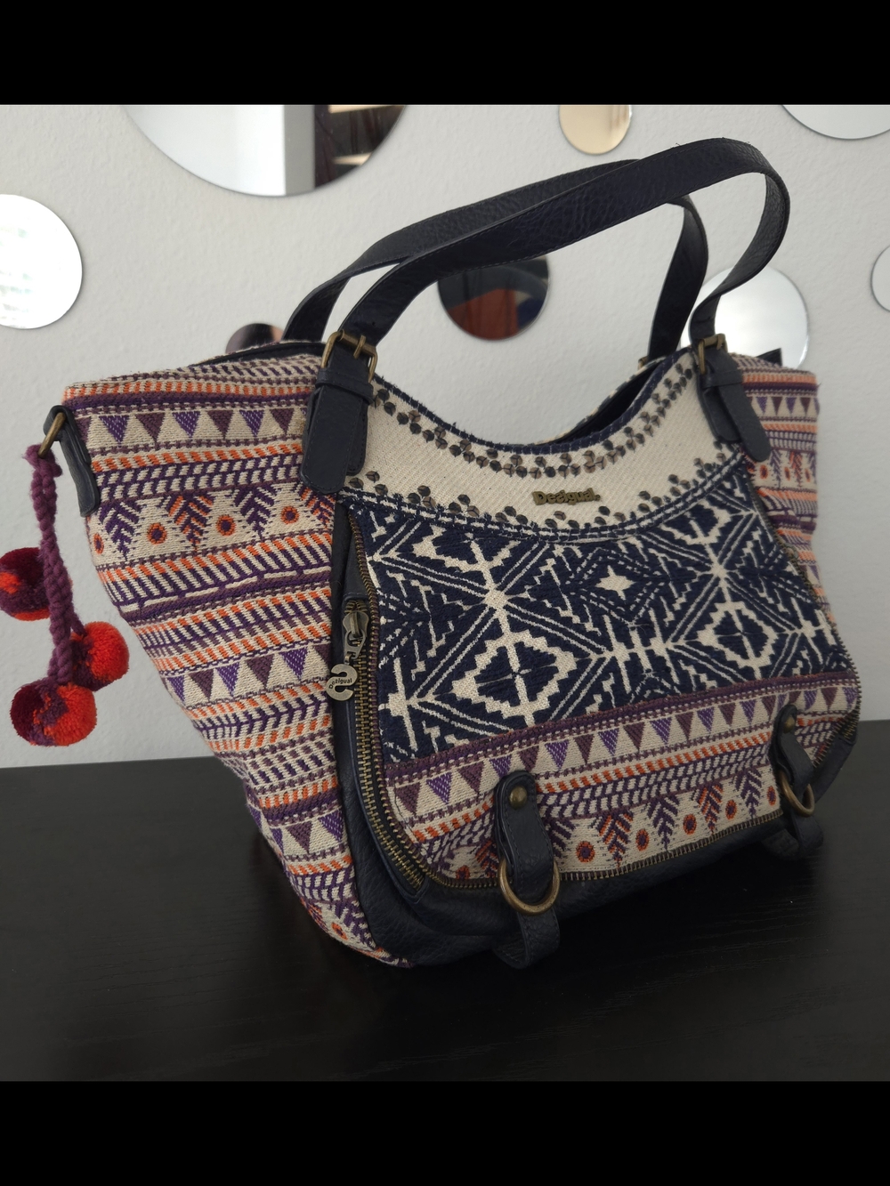 Desigual Rotterdam Gala Boho Wild Aster Embroidered Tote Bag Pom Pom Geometric